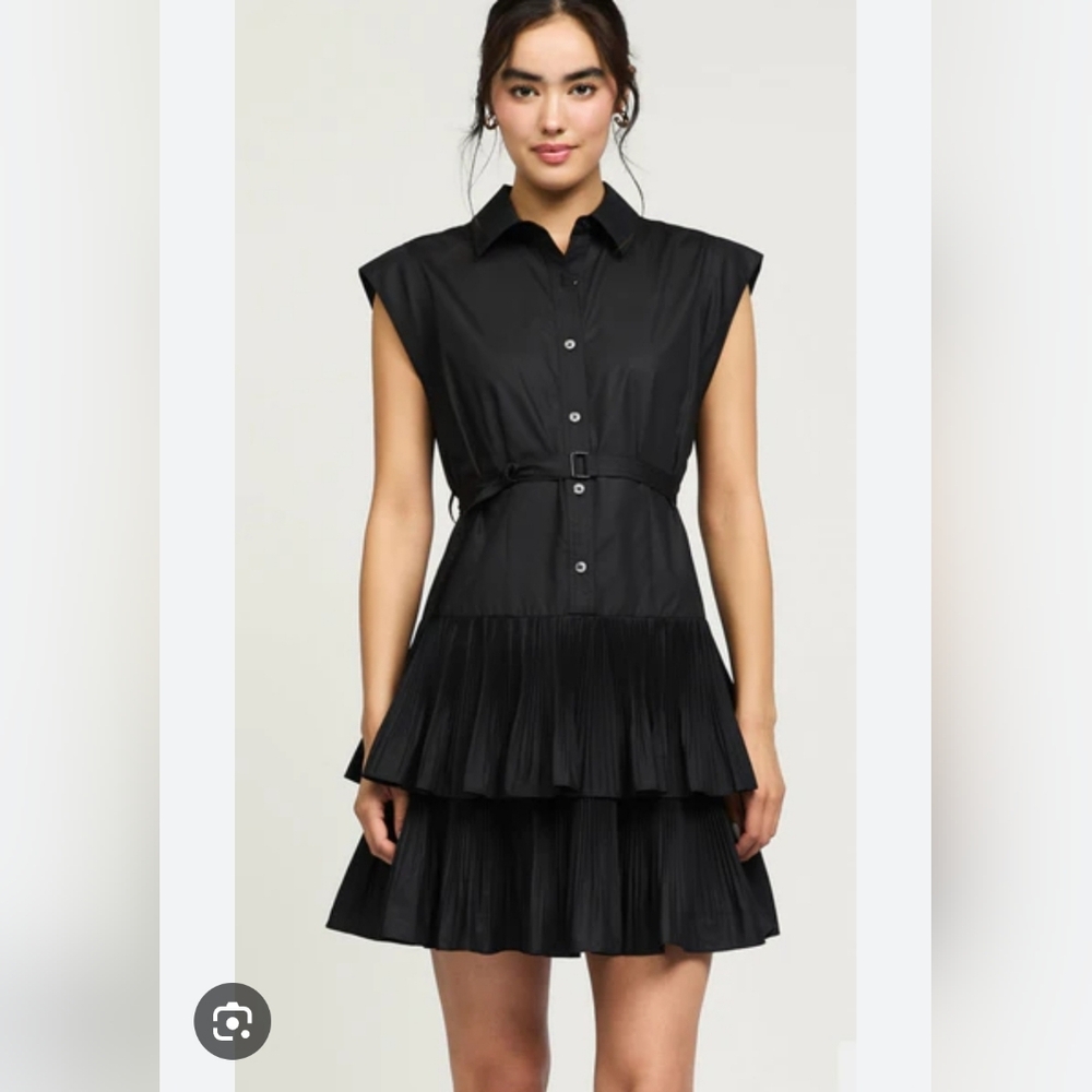 Current Air Tessa Black Tiered Mini Dress Size M Button Front Pleated Sleeveless